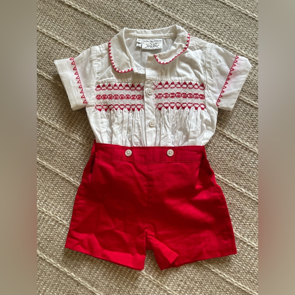 Like New Rachel Riley Red and White Embroidered Baby Outfit